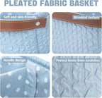 Blue Oval Double Compartment Pleated Fabric Basket - Quilted Fabric Storage Basket with PU Carrying Handle - Collapsible Organizer for Home, Picnic, Shopping, Traveling