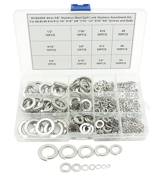 #4 to 5/8 Stainless Steel Split Lock Washers Assortment Kit,for #4#6#8#10#12 1/4" 5/16" 3/8" 7/16" 1/2" 9/16" 5/8" Screws/Bolts