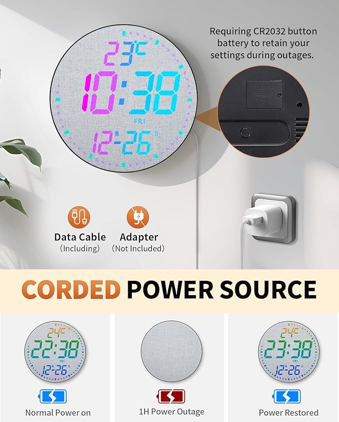 12" Large Digital Wall Mount Clock, Count Down Timer, Alarm, Big LED, 12 RGB Color, Temperature for Living Room Classroom Desk, Xmas, Birthday Gift for Senior Mom (Fabric Elements)