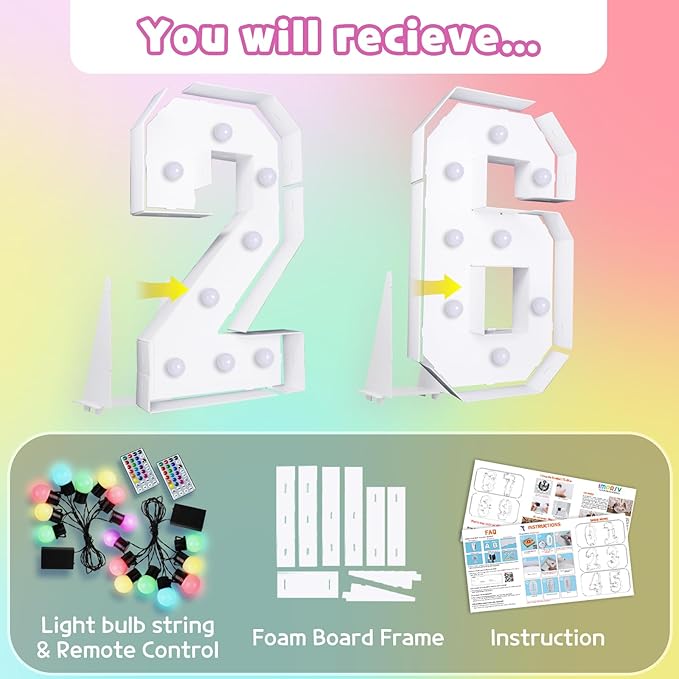 Marquee Numbers 26th Birthday Decoration: Colorful 3FT Large Light Up 26 Year Old Birthday Decorations Anniversary Backdrop Cardboard Sign 18 Colors Number 26 Mosaic Balloon Frame