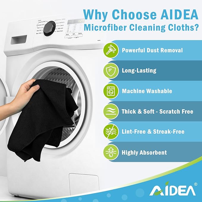 AIDEA Microfiber Cleaning Cloth Black 8PK, Microfiber Towels for Cars, Premium Car Cloths, Dusting Cloth Lint Free Cleaning Rags for SUVs, House, Kitchen, Window, Workshops,11.5×11.5"