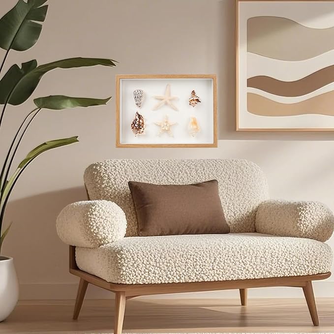 liomey Shell Ornament Christmas Decor 11.69" x 8.27" Coastal Wall Art Wooden Frame with Natural Conch Shells, Nautical Beach Home Decor, Ocean Themed Display for Living Room, Bedroom, Office(Two Large Starfish)