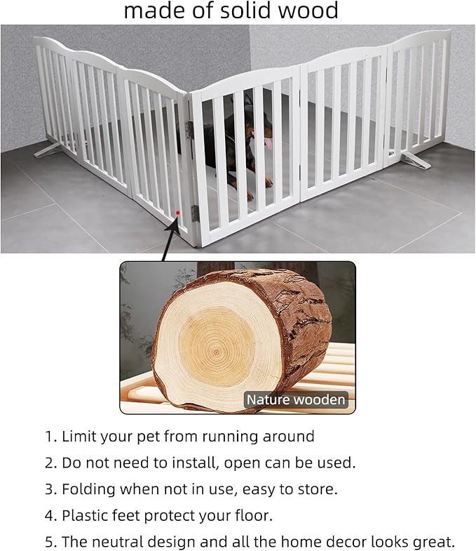 Freestanding Dog Gate Indoor,Doggie Gate Foldable Dog Gates for Doorways,Stairs or Hallways, Wooden White Pet Gate for The House, Pet Fence with Support Feet Included,24 "Height-6 Panels