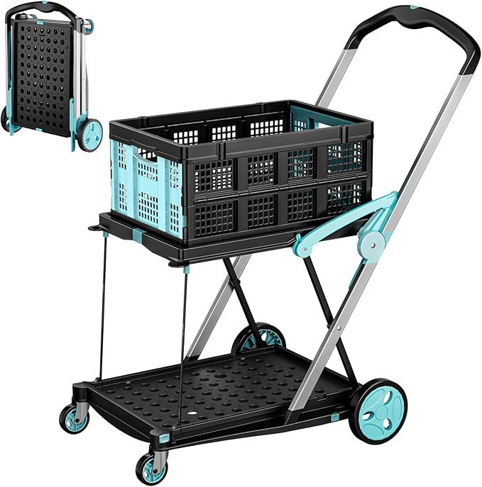 Foldable Shopping Cart, 200 lbs Capacity Grocery Carts on Wheels with Collapsible Crate Heavy Duty Collapsible Cart with Foot Brake for Groceries, Office, Warehouse and Supermarket