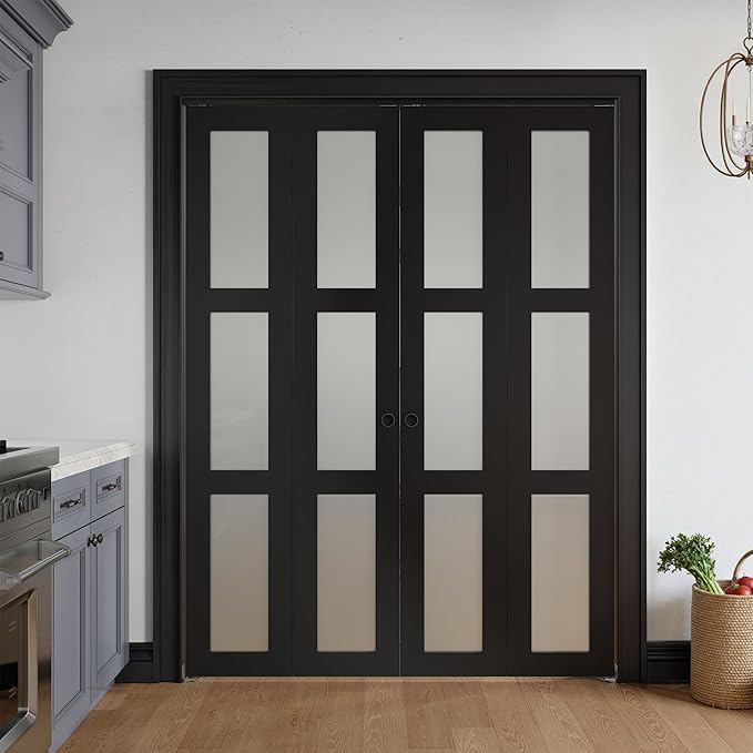 Bifold Doors for 60" x 80" Opening, 3-lite Tempered Frosted Glass Closet Folding Doors with Hardware kit Included, Easy Assembly, Black