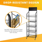 5 Tier Snack Rack Display Stand - Retail Display Shelves with Top Pegboard, 15 Hooks, Bakery Display Rack on Wheels for Easy Mobility and Organization (5 Tier - Black)