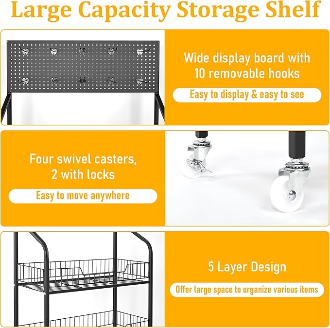 Retail Snack Display Stand,5-Tier Black Metal Storage Shelf Brackets with Wheels & Hooks,Metal Storage Shelves Heavy Duty, Retail Display Shelves Racks,Snack Organizer Stand Display Supplies