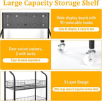 Retail Snack Display Stand,5-Tier Black Metal Storage Shelf Brackets with Wheels & Hooks,Metal Storage Shelves Heavy Duty, Retail Display Shelves Racks,Snack Organizer Stand Display Supplies
