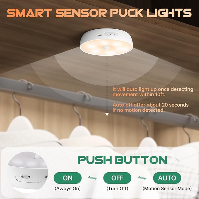 Motion Sensor Step Lights, 8 Colors Changeable RGB LED Closet Lights, USB Rechargeable Battery Operated Puck Light, Dimmable Under Cabinet Counter Kitchen Stair Lighting (5 Pack)