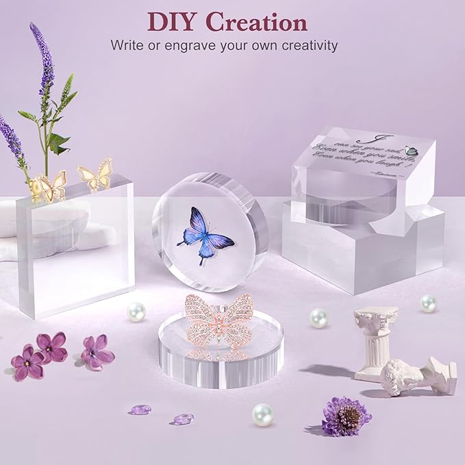 Acrylic Base Stand 4 Pieces Acrylic Blocks for Display 4 X 4 X 1 Inch Clear Polished Block Square Cube Riser Display Pedestal Stands for Jewelry Perfume Ring Collection Props Cake