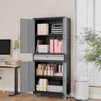 73" Metal Garage Storage Cabinet with Wheels， Rolling Tool Storage with Locking Doors， Adjustable Shelves and Drawer, Heavy Duty Steel Tool Cabinet for Garage, Warehouse, School(Black Grey)