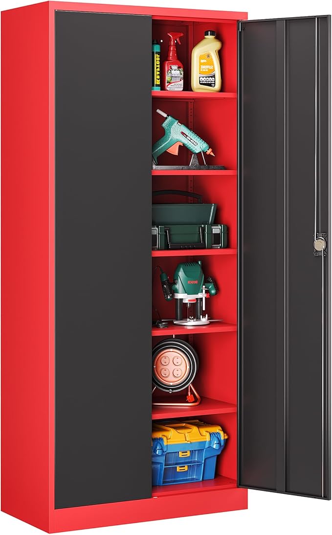 72 Inch Metal Cabinet,Lockable Storage Cabinet with 2 Doors and 5 Adjustbale Shelves,Tall Tool Cabinet Cabinet for Garage,Basement,Home Office,Gym(Red & Black)