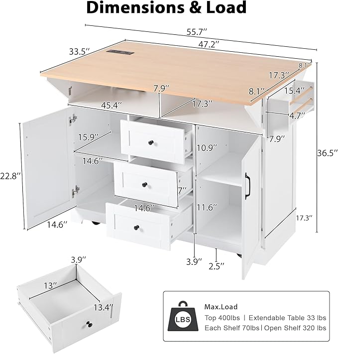 Merax 55.7" Upgraded Large Kitchen Cart Island on Wheels with 2 Drop Leaf,Power Outlet,3 Drawers,Wood Storage Cabinet