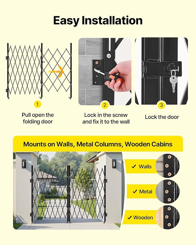 VEVOR Double Folding Security Gate, Lockable Scissor Gate with 360° Swivel Casters, Outdoor Barricade Steel Retractable Gates, for Entry Security, Garage, Warehouse & Pool, 129.92 x 63.19 in (W x H)