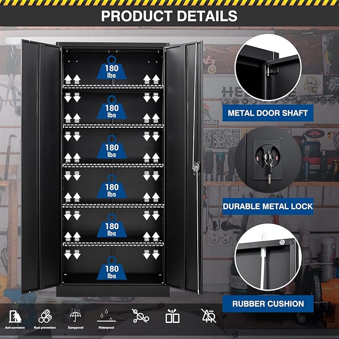 Metal Storage Cabinet-72” Black Tall Steel File Cabinets with Lockable Doors and Adjustable Shelves-Black Steel Storage Cabinet for Kitchen, Office, Garage