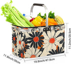 Collapsible Picnic Basket with Handle, Shopping Basket Aluminum Frame, Grocery Basket Tote for Women, Farmers Market Basket, Harvest Baskets Camping Travel Portable Beach Bag (Flower Orange)