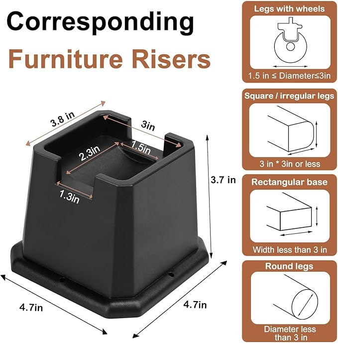 shouwuhho Bed Risers 3 inch, Furniture Risers Elevation in Heights 3 Inch Heavy Duty, Bed Lift Risers for Caster Wheels or Posts of Bed Table Couch, Support up to 6000 lbs, Black, 8 Pack