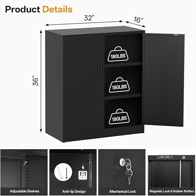 Metal Garage Storage Cabinets，Metal File Cabinet with 2 Adjustable Shelves, Lockable Storage Cabinets for Office, Home, Garage, Warehouse 36" H x 31.5" W x 15.7" D (Black)