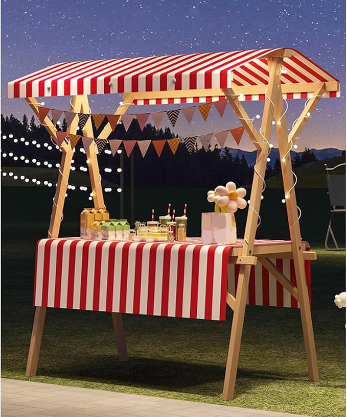 Collapsible Wooden Food Cart with Wheels, Heavy Duty Mobile Vendor Stand for Farmers Market, Snacks, Desserts and Street Kiosk(Red,150cm/59in)