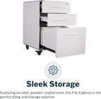 Vari File Cabinet for Office Storage with Three Drawers - Roll & Lock Caster Wheels (White)
