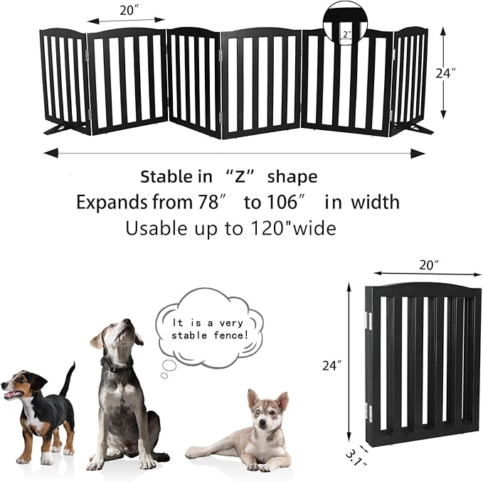 Freestanding Dog Gate Indoor,Doggie Gate Foldable Pet Gates for Doorways,Stairs or Hallways, Wooden Black Pet Gate for The House, Pet Fence with Support Feet Included,24 "Height-6 Panels