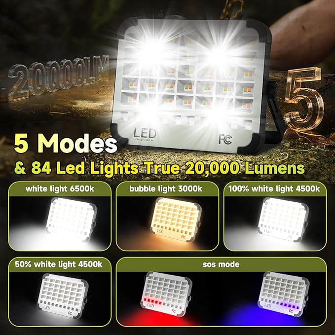 200W LED Solar Work Light, Sinear 20000LM Magnetic Portable Light, 20000mAh Rechargeable with 5 Modes, IP66 Waterproof for Outdoor Camping, Car Repair, Building, Workshop, Garage, Emergency