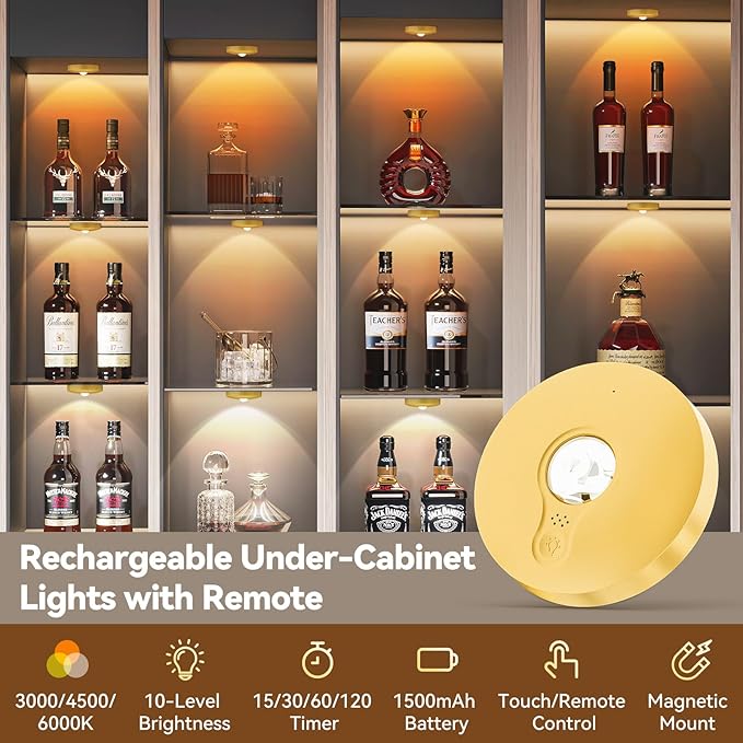 Yiliaw Rechargeable Puck Lights with Remote, 6 Pack Magnetic Under Cabinet Lighting, 1500mAh Battery Operated LED Tap Lights with Dimmer & Timmer for Kitchen, Closet, Shelf - 3 Color Temps, Gold