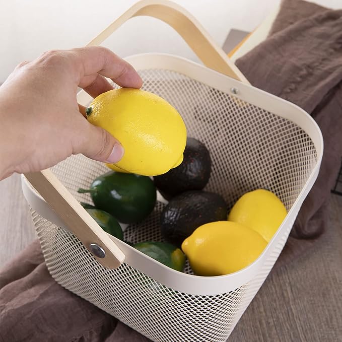 IBWell Square Metal Wire Woven Fruit Storage Bowl Basket with Wooden Handle, Large Black Mesh Fruit Stand, Multi-function Hanging Kitchen Baskets (White, Nomal 2PCS)