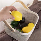 IBWell Square Metal Wire Woven Fruit Storage Bowl Basket with Wooden Handle, Large Black Mesh Fruit Stand, Multi-function Hanging Kitchen Baskets (White, Nomal 2PCS)