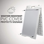 Jumbl A-Frame Signboard 15.7” x 26” Display Surface – Small Outdoor Sandwich Board w/Weather Resistant PVC Sign Protector & Sand Fill Holes – Dual Signage Stand for Storefront Sidewalk Curb (White)
