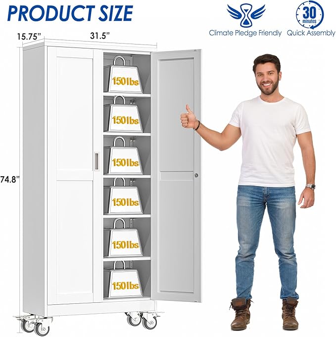 Metal Garage Storage Cabinet with Lock, Steel Tool Cabinet with 2 Doors and 5 Adjustable Shelves, 75” Tall Lockable File Cabinet with Wheels, Organization for Home Office Garage Gym - White