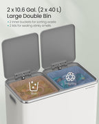 SONGMICS Trash Can, 2 x 10.6 Gallon (2 x 40 L) Garbage Can for Kitchen, with 15 Trash Bags, 2 Compartments, Plastic Inner Buckets and Hinged Lids, Airtight, White and Gray ULTB730W80