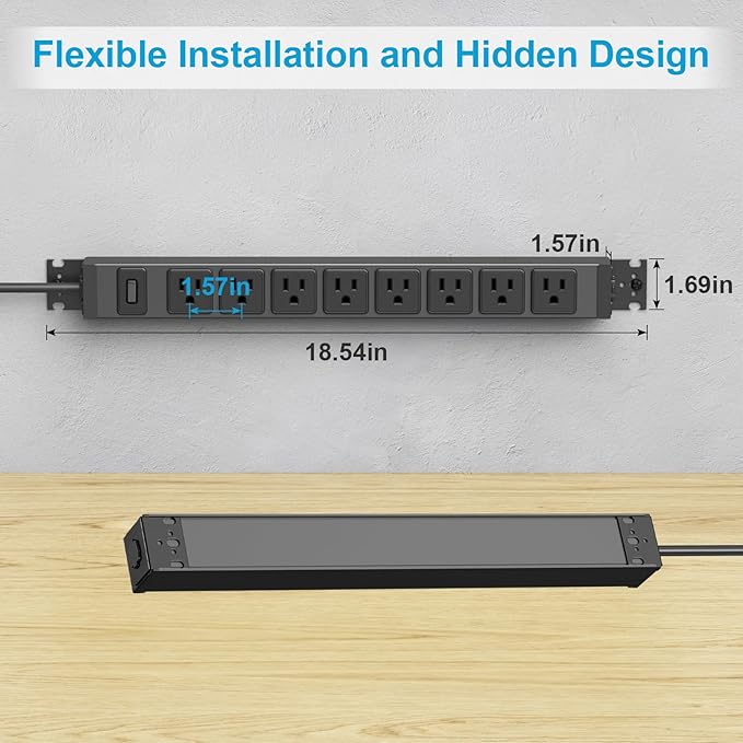 HHSOET 2 Pack Metal 360° Rotating Mountable Power Strip, 8 Outlet Gaming Table Mounted Outlet Strip, Heavy Duty Wall Mount Surge Protector with Switch, 15A 125V 1875W 6ft Power Cord.