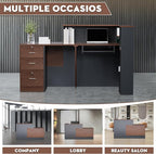 L-Shaped Modern Reception Desk with Counter & Storage - 71" Large Office Front Desk, Salon Checkout Counter with Lockable Cabinets, Shelves(Brown & Black, Left - 71''L x 34''W x 41''H)