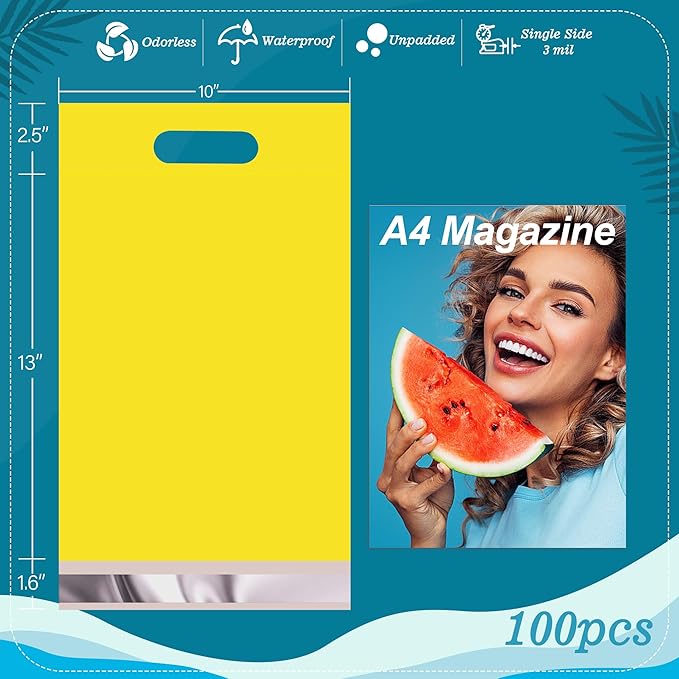 JinRuiKJ Poly Mailers with Handle 10x13 Inch 100 Pcs, Easy to Carry Packaging Bags for Small Business, Thank You Shipping Bags with Self Adhesive Strip, Tearproof and Waterproof - Yellow