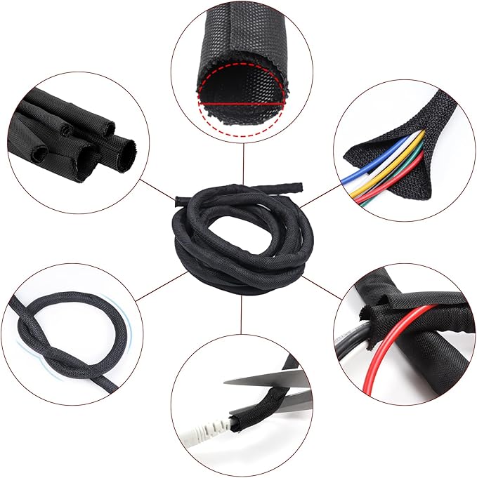 Black Braided Cable Management Sleeves Wire Loom Tubing Cord Protector Self-Wrapping (3/4"-20feet)