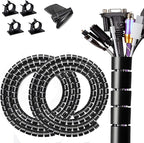 Large PC Cable Management Tube Sleeve Under Desk Wire Organizer for Cords 2 PCS Black, 1.1 inch -5 ft EZ Spiral Cable Wrap Cover Bundler w/Clips for TV Office, Pet Proof Cable Protector