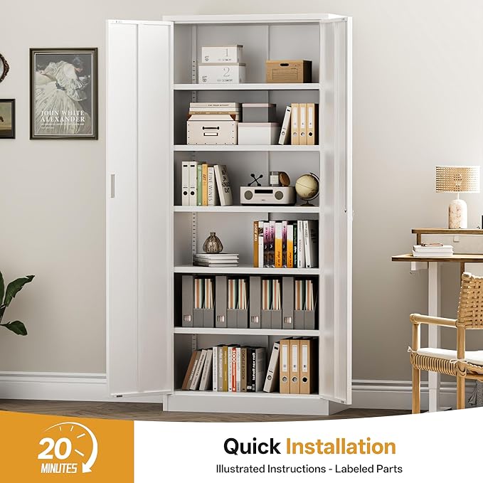 Steel SnapIt Cabinet, 71 Inch Metal Storage Cabinet with Locking Doors and 5 Adjustable Shelves, Garage Cabinet, Tool Cabinets for Office and Home Use (White)