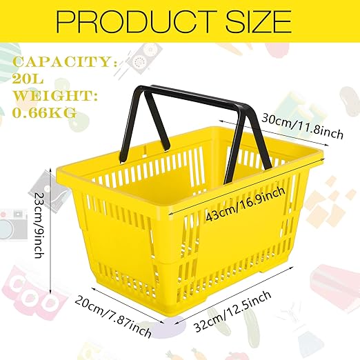 12 Pcs Shopping Baskets 20 L Plastic Store Retail Baskets with Handles 16.9 * 11.8 * 9.1 Inches for Market Grocery Supplies Thrift Convenience Storage(Yellow)