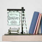 Welcome to the Library Sign Miniature Signpost Self-standing Kit, Mini Booknook Sign with ladder and Bench Scene Display, Bookcase Accessories Decor Gift for Book-themed Club Book Lover