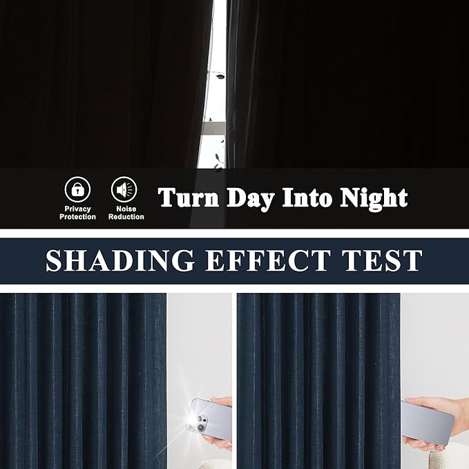 Vision Home Navy Blue Pinch Pleated Full Blackout Curtains Linen Blended Room Darkening Curtain Panels 63 inch for Living Room Bedroom Thermal Insulated Pinch Pleat Drapes with Hooks 40" Wx63 Lx2