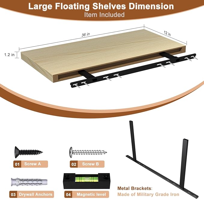 12 Inch Deep Floating Shelves for Wall 2 Pack Floating Shelfs Large Storage Space Wall Decor Display Shelf for Bathroom Living Room Bedroom Kitchen 36" W x 12" D x 1.2" H Natural Wood