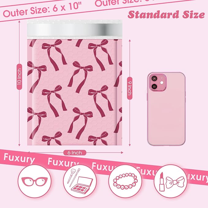 Fuxury Bubble Mailers 6x10 100 Pack, Pink Bows Cute Design Bubble Envelopes Usable Size 6x9",Strong Adhesion Pattern Padded Shipping Envelopes Thick Mailer for Mailing Jewelry, Makeup,Small items