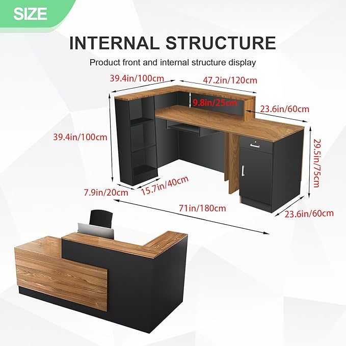 L Shaped Reception Desk with Lockable Drawer and Cable Grommets Front Desk Retail Checkout Counter Table for Salon Lobby Shop Office Reception Room Wood and Black Left 71inch/180cm