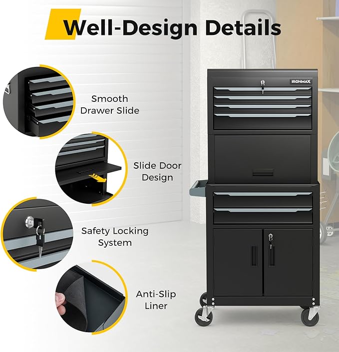 Goplus Tool Chest, 6 Drawers 3-in-1 Extra Large Tool Storage Cabinet with 4” Universal Lockable Wheels, Auto Lock, Protective Liner, Heavy Duty Rolling Tool Box for Garage, Workshop