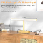 15.35inch Picture Light, Rechargeable Battery Wall Light for Paintings, 3 Colors Paintings Light Dimmable and Timer Metal Art Light for Display, Wall, Artwork, Gallery (Gold)