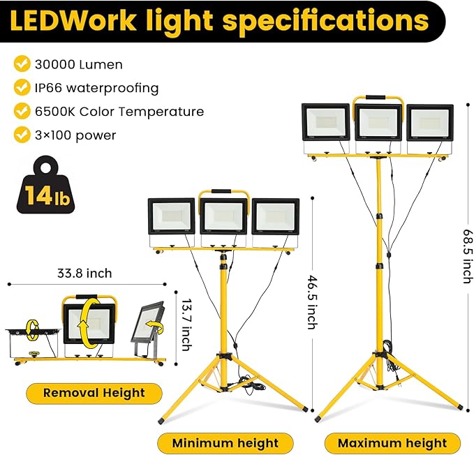 30000 Lumen Super Bright Portable Heavy Duty LED Work Light with Foldable Tripod Stand 16.4FT Cord, Waterproof 3 Head Adjustable 100W Large Job Site Lighting Worklight for Construction Workshop Garage
