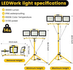 30000 Lumen Super Bright Portable Heavy Duty LED Work Light with Foldable Tripod Stand 16.4FT Cord, Waterproof 3 Head Adjustable 100W Large Job Site Lighting Worklight for Construction Workshop Garage