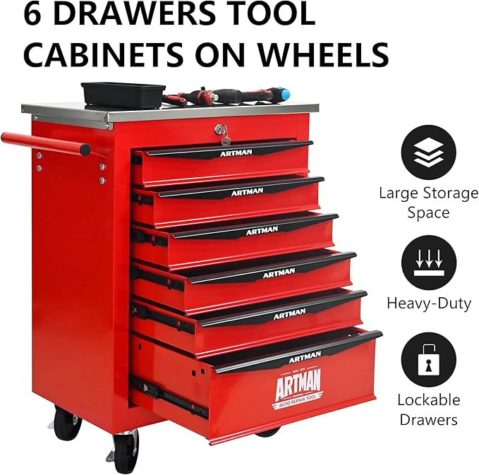 6 Drawer Rolling Tool Chest with Locker, 22.2" D Metal Movable Lockable Tool Cart Box Multi-Functional Hardware Storage Cabinet Box for Warehouse Basement Home Pantry Garage
