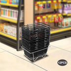 12Pcs Black Metal Shopping Basket with Handles, Portable Wire Shopping Basket, Black Wire Mesh shopping Basket Set for Supermarkets, Retail Stores.